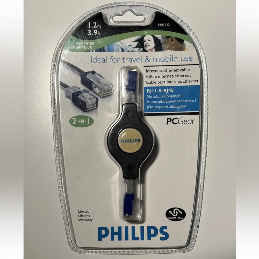 Philips RJ11 & RJ45 Internet Ethernet 3.9' Retractable Slider Cable PM1223